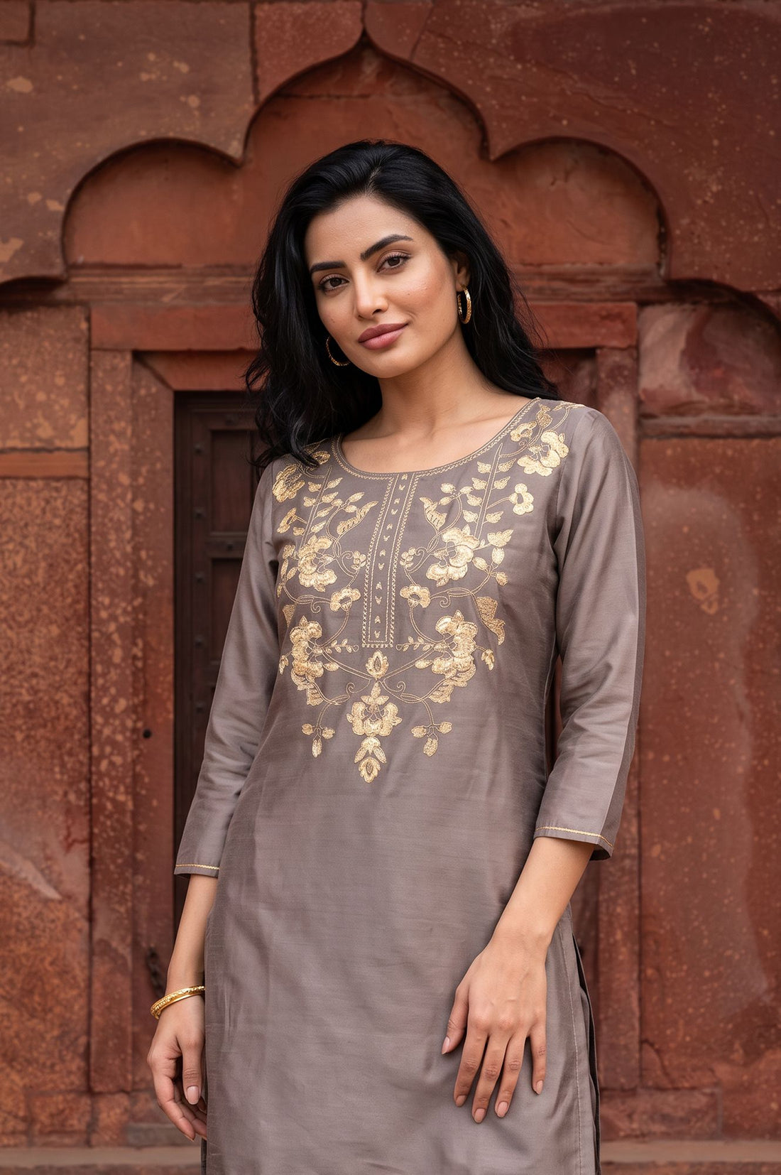 Grey Yarn Dyed Embroidered Straight Kurta