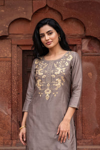 Grey Yarn Dyed Embroidered Straight Kurta