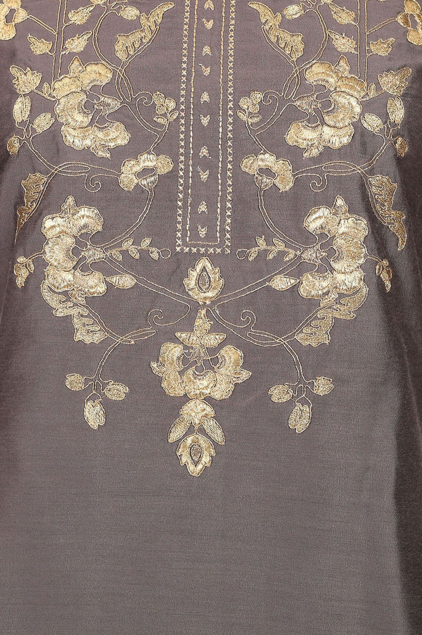 Grey Yarn Dyed Embroidered Straight Kurta