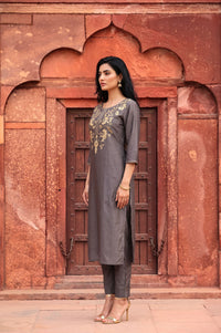 Grey Yarn Dyed Embroidered Straight Kurta