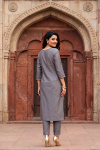 Grey Yarn Dyed Embroidered Straight Kurta