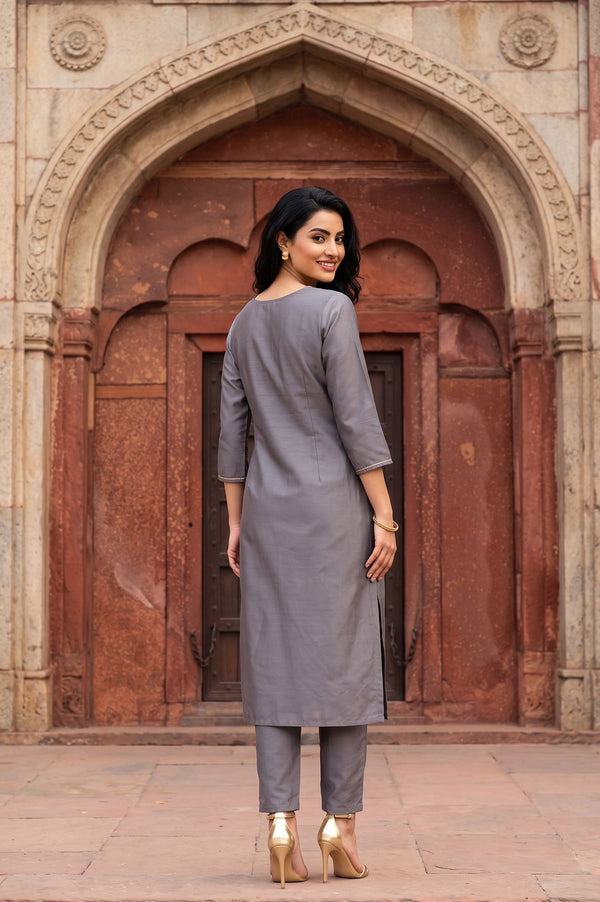 Grey Yarn Dyed Embroidered Straight Kurta