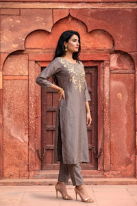 Grey Yarn Dyed Embroidered Straight Kurta
