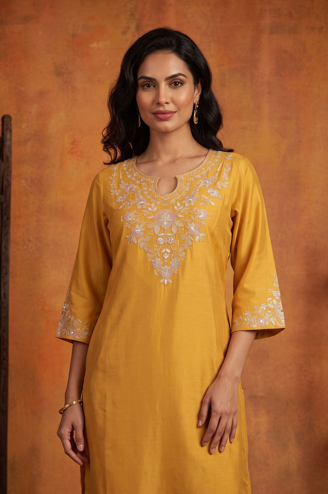 Yellow Yarn Dyed Embroidered Straight Kurta