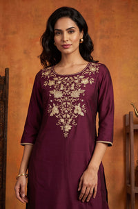 Purple Yarn Dyed Zari Embroidered Straight Kurta