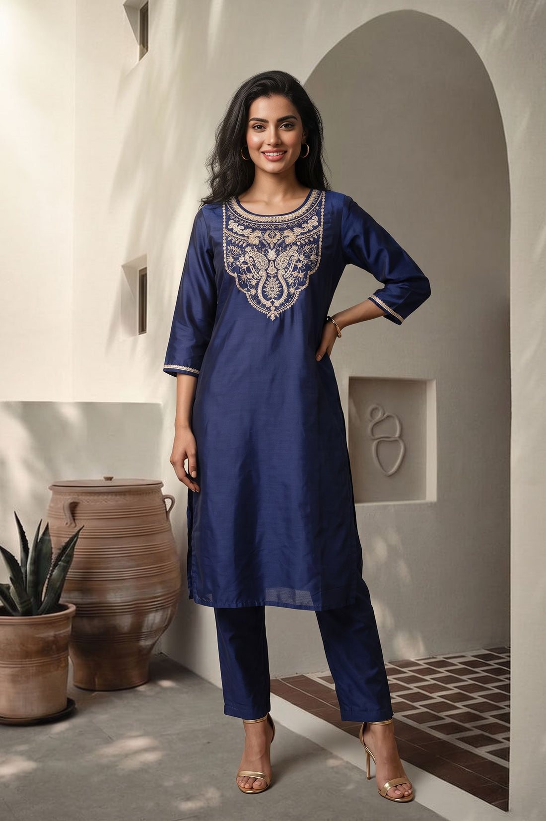 Navy Blue Yarn Dyed Zari Embroidered Straight Kurta
