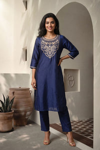Navy Blue Yarn Dyed Zari Embroidered Straight Kurta