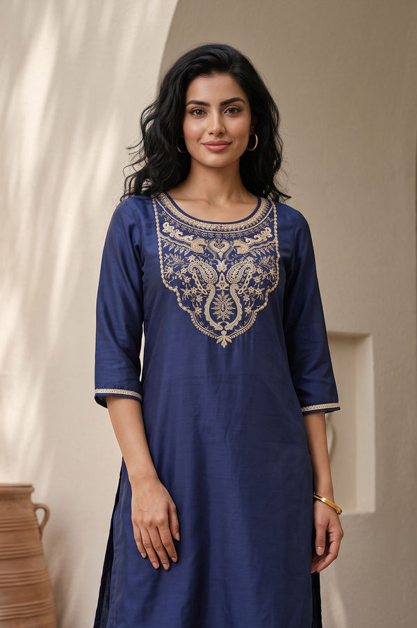 Navy Blue Yarn Dyed Zari Embroidered Straight Kurta