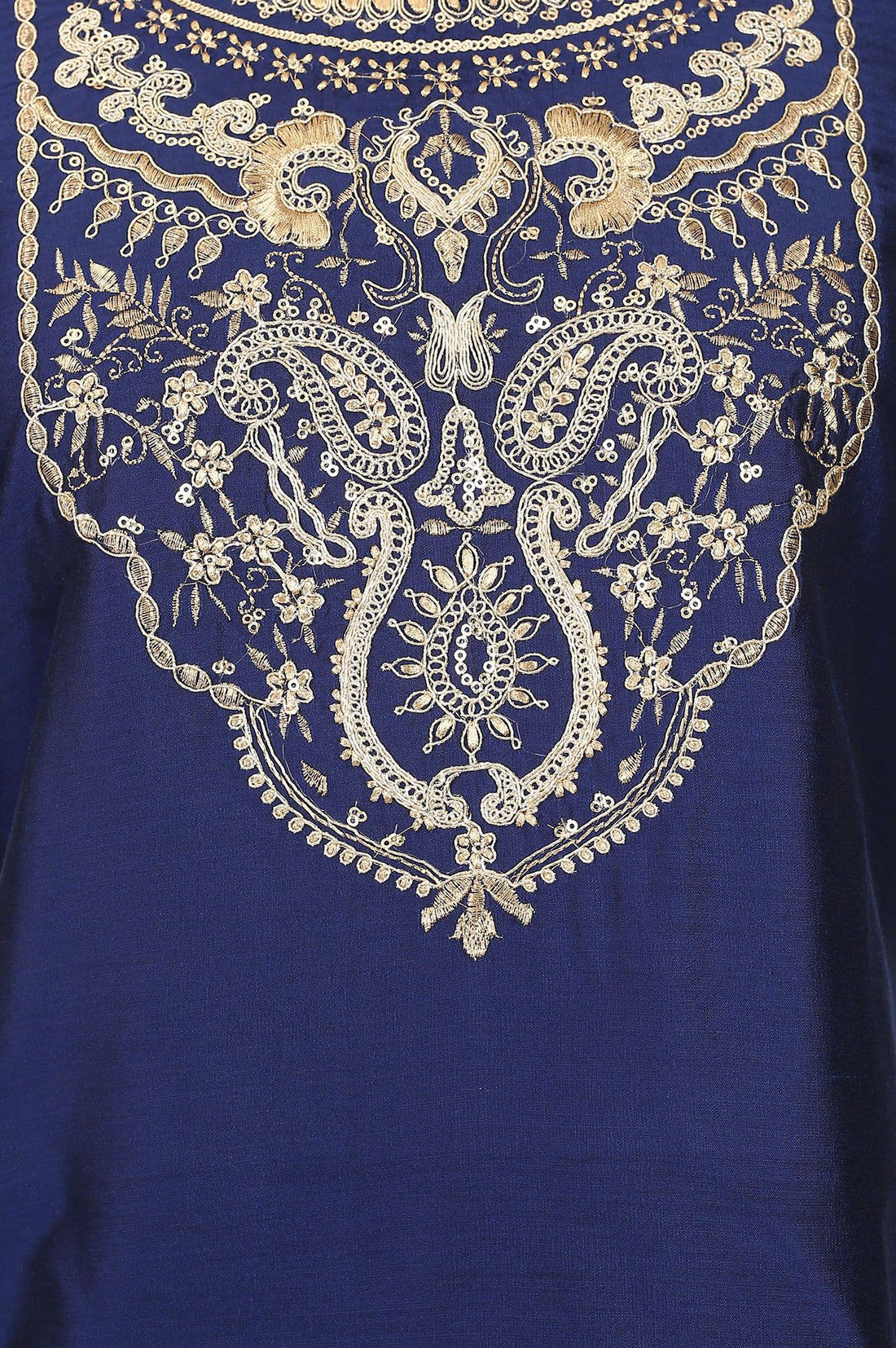 Navy Blue Yarn Dyed Zari Embroidered Straight Kurta