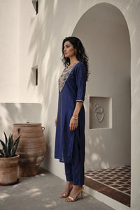 Navy Blue Yarn Dyed Zari Embroidered Straight Kurta