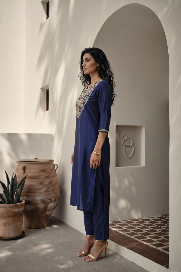 Navy Blue Yarn Dyed Zari Embroidered Straight Kurta