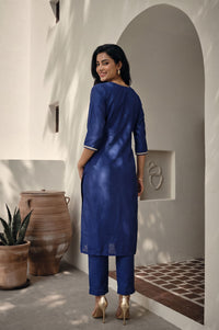 Navy Blue Yarn Dyed Zari Embroidered Straight Kurta