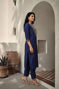 Navy Blue Yarn Dyed Zari Embroidered Straight Kurta