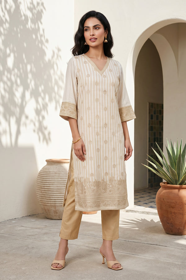 Cream Textured Jacquard Straight Kurta
