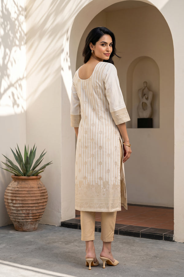 Cream Textured Jacquard Straight Kurta