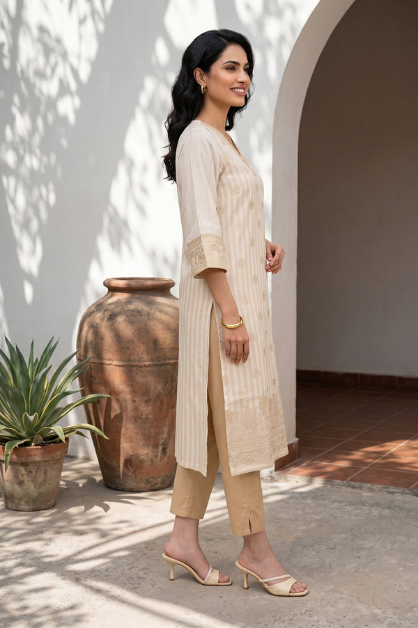 Cream Textured Jacquard Straight Kurta