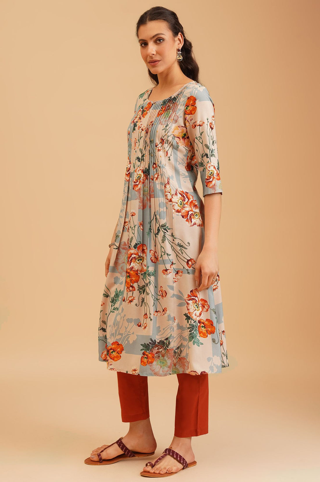Beige Floral Printed Beadwork A-line Kurta