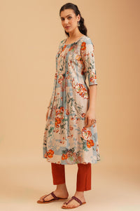 Beige Floral Printed Beadwork A-line Kurta
