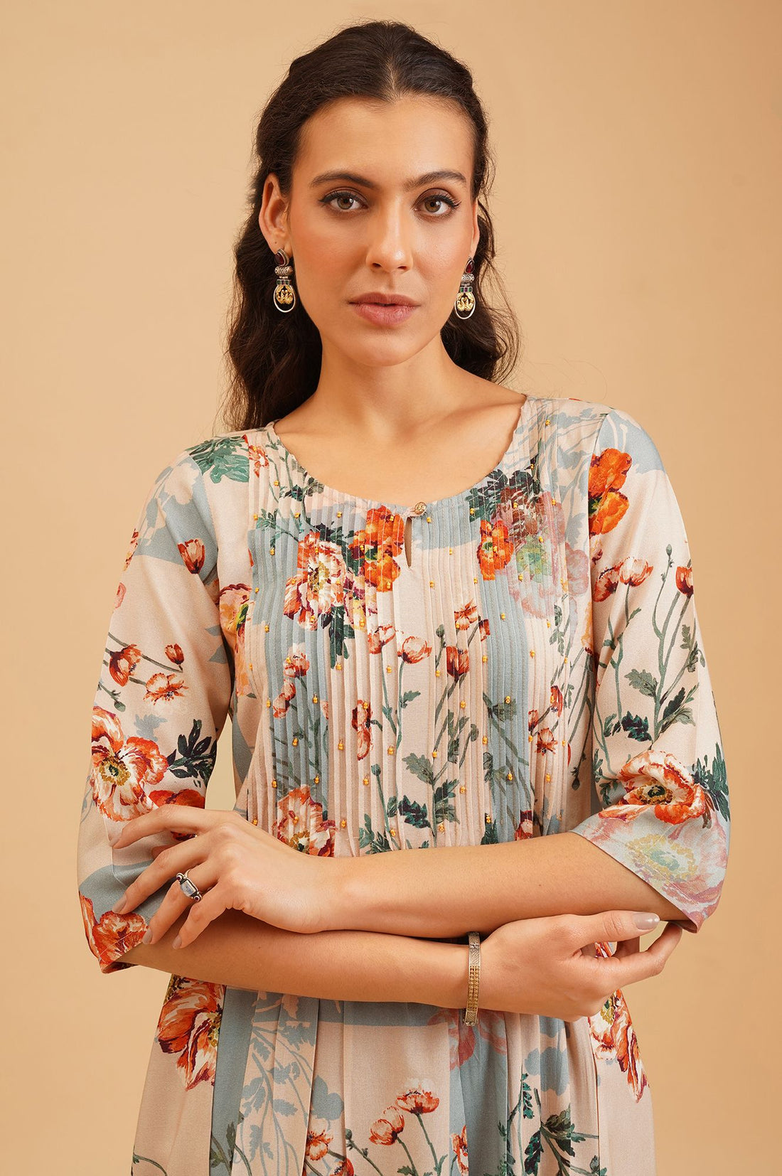 Beige Floral Printed Beadwork A-line Kurta