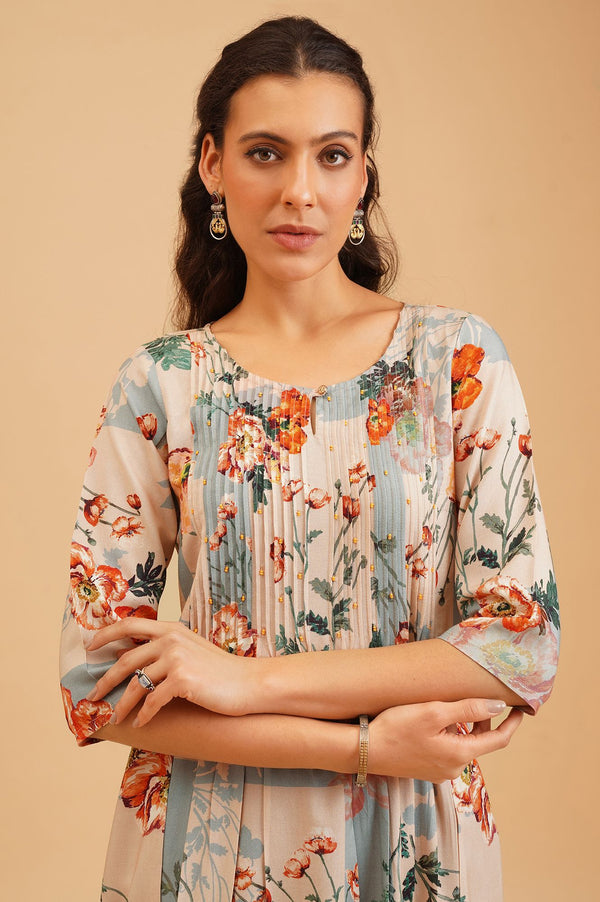 Beige Floral Printed Beadwork A-line Kurta