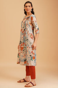 Beige Floral Printed Beadwork A-line Kurta