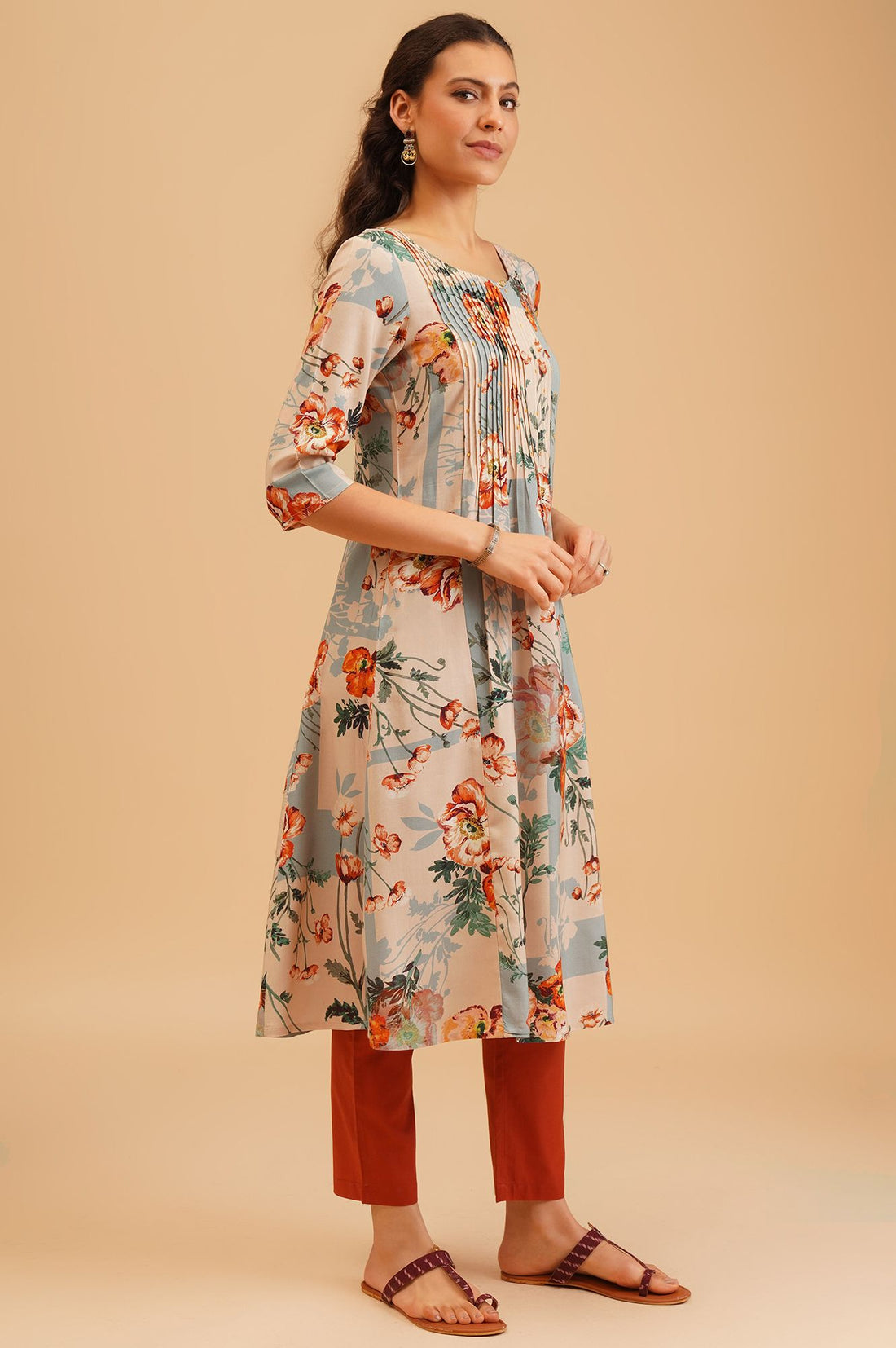 Beige Floral Printed Beadwork A-line Kurta