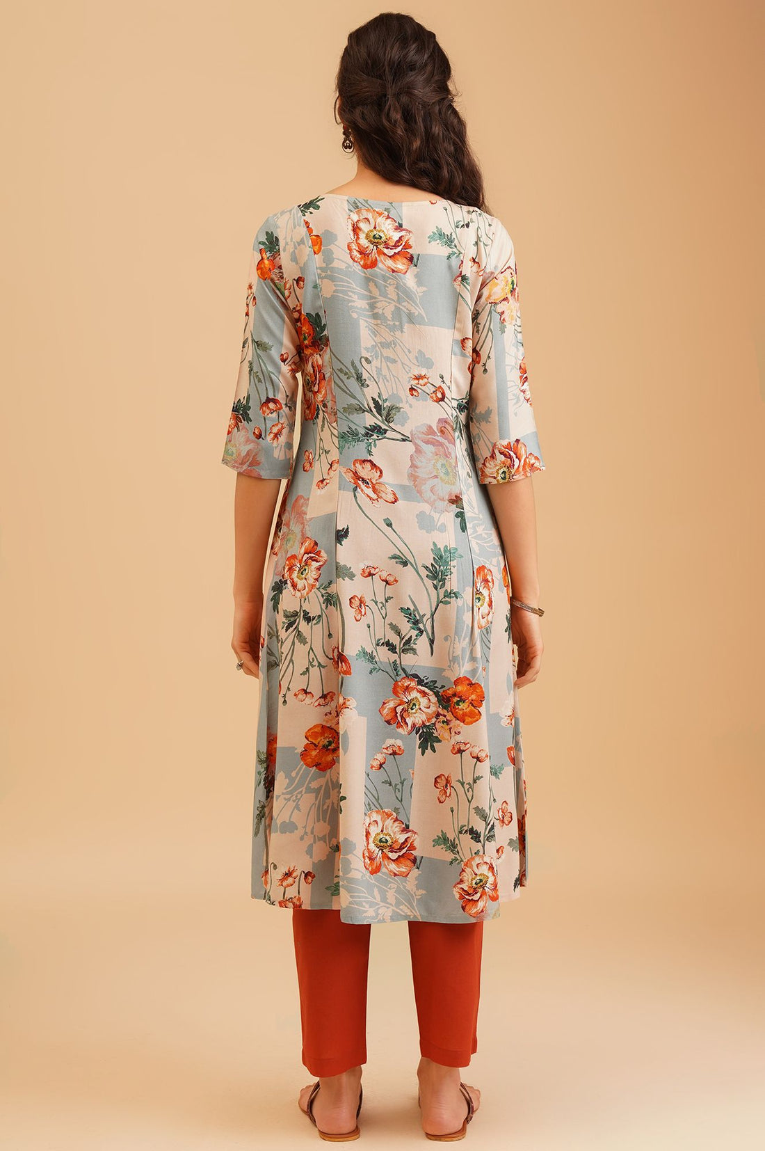 Beige Floral Printed Beadwork A-line Kurta