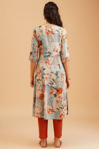 Beige Floral Printed Beadwork A-line Kurta