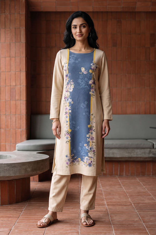 Beige Floral Printed Jacquard Straight Winter Kurta