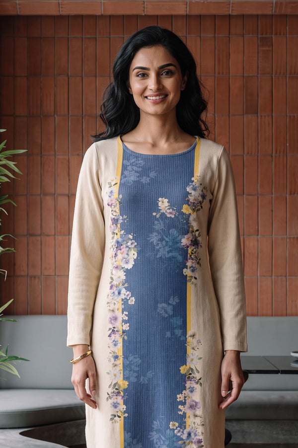 Beige Floral Printed Jacquard Straight Winter Kurta