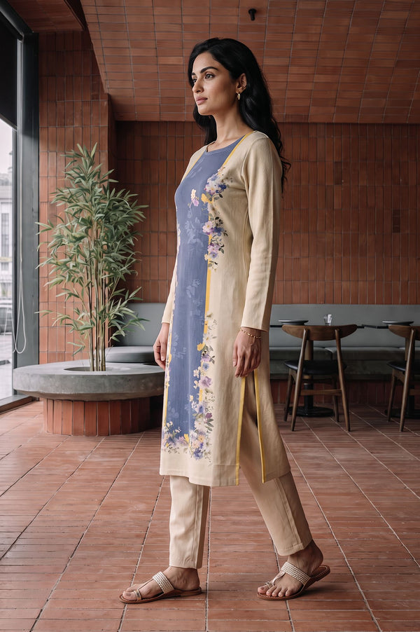 Beige Floral Printed Jacquard Straight Winter Kurta