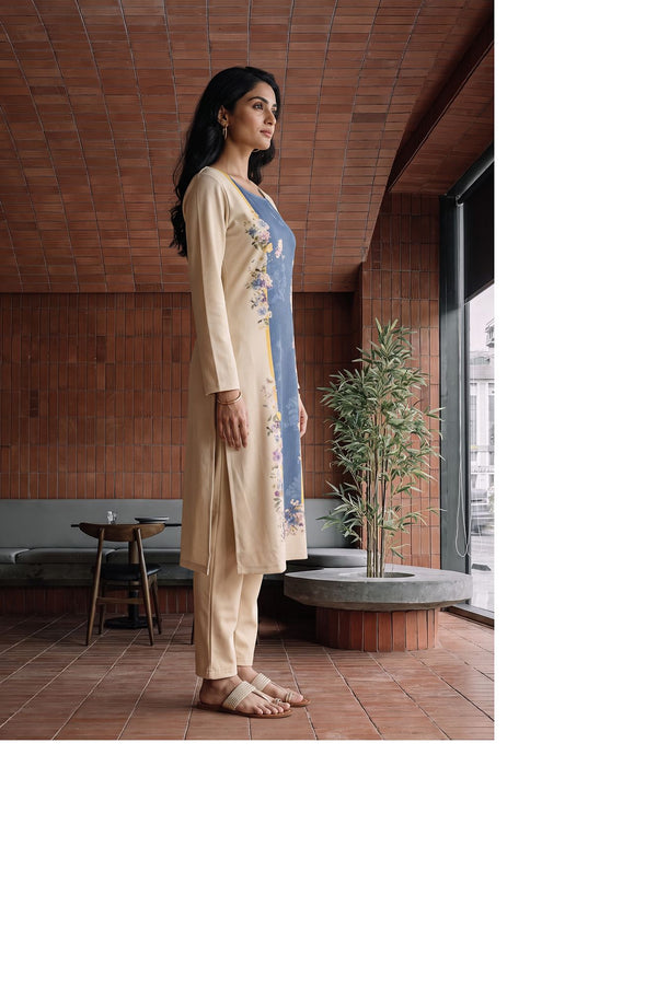 Beige Floral Printed Jacquard Straight Winter Kurta