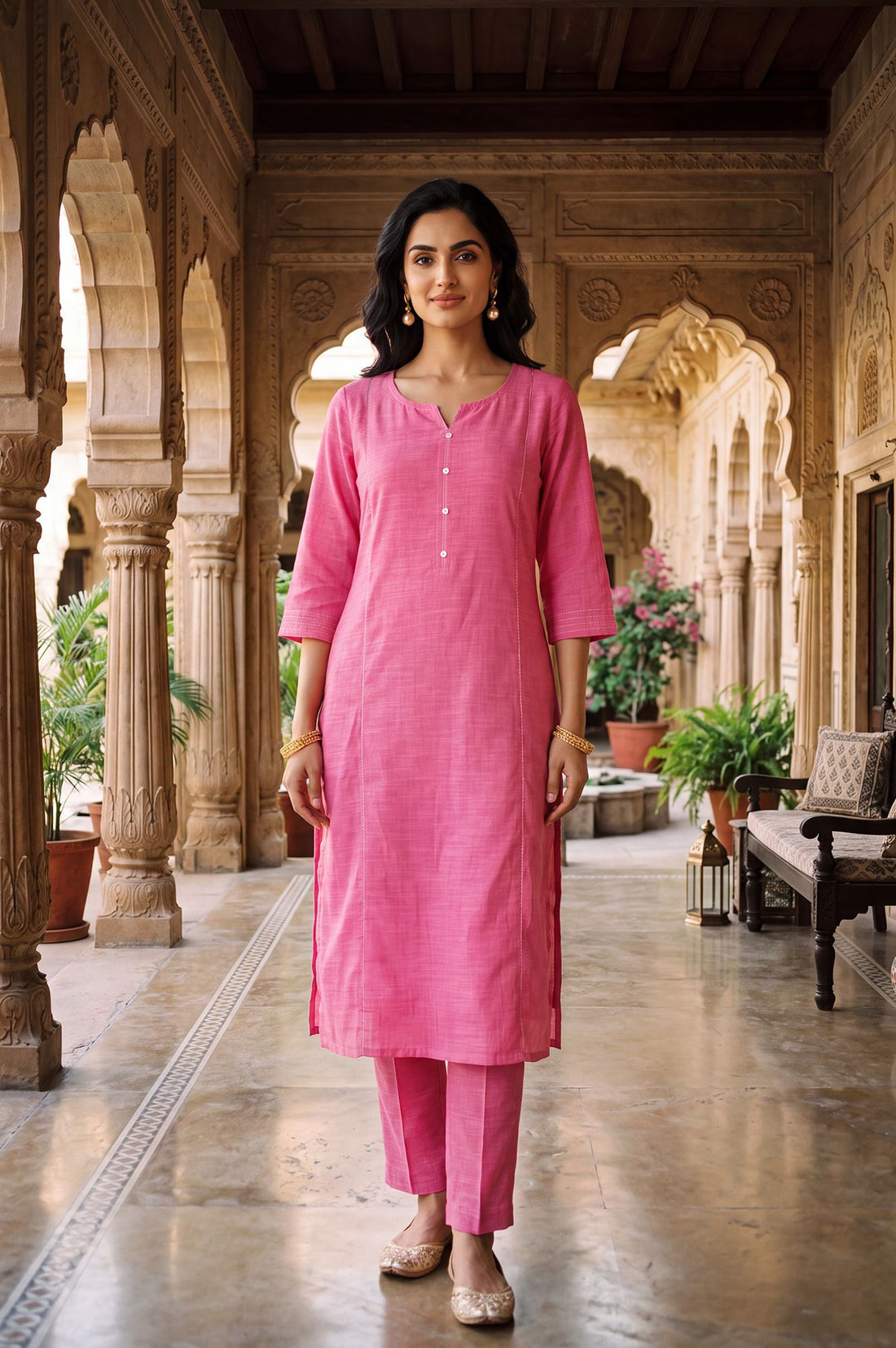 Pink Solid Pure Cotton Straight Calf Length Kurta with Buttons