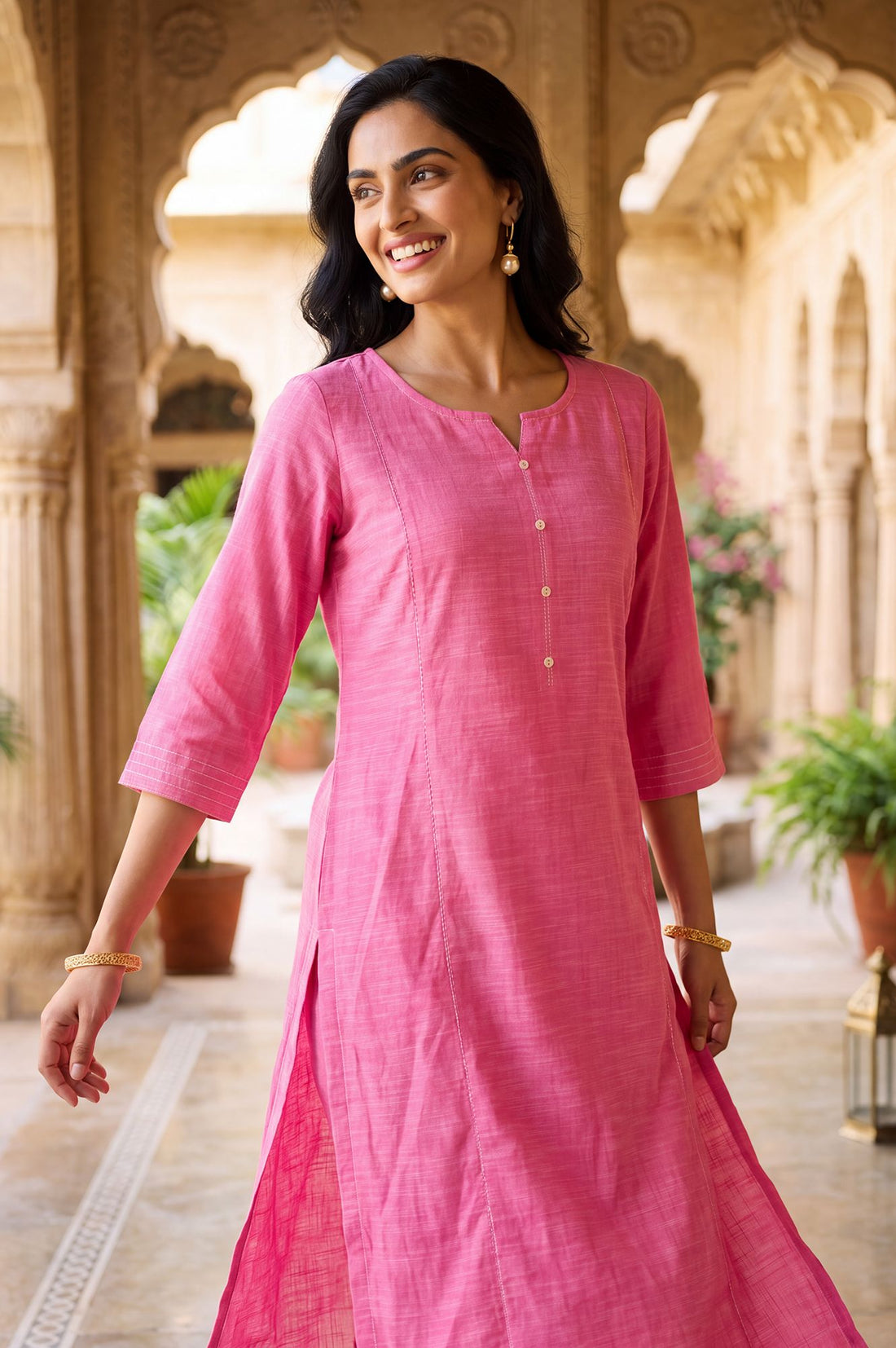 Pink Solid Pure Cotton Straight Calf Length Kurta with Buttons