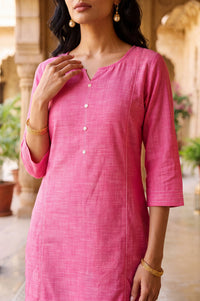 Pink Solid Pure Cotton Straight Calf Length Kurta with Buttons