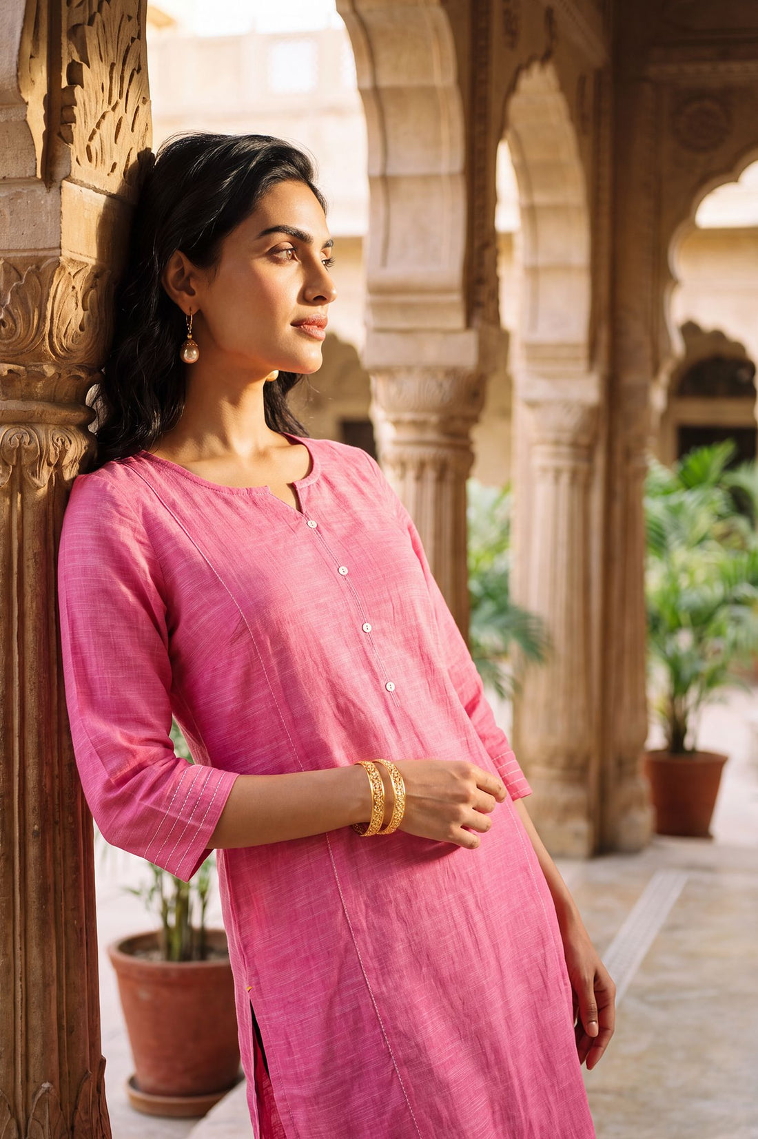 Pink Solid Pure Cotton Straight Calf Length Kurta with Buttons