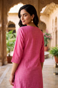 Pink Solid Pure Cotton Straight Calf Length Kurta with Buttons