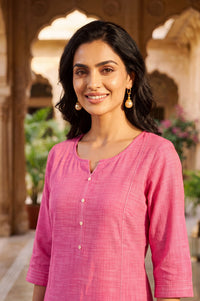 Pink Solid Pure Cotton Straight Calf Length Kurta with Buttons