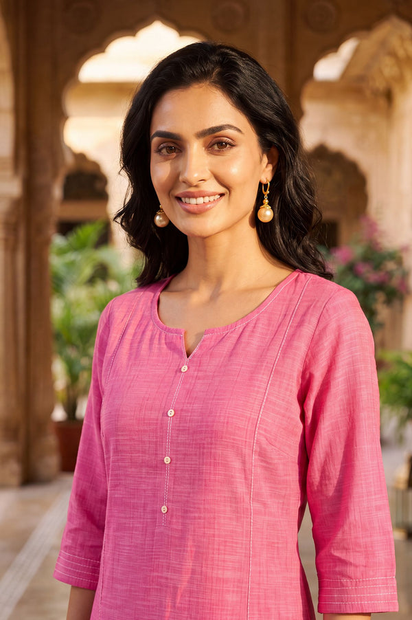 Pink Solid Pure Cotton Straight Calf Length Kurta with Buttons