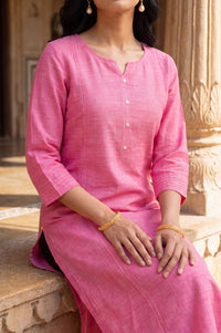 Pink Solid Pure Cotton Straight Calf Length Kurta with Buttons