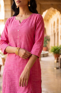 Pink Solid Pure Cotton Straight Calf Length Kurta with Buttons