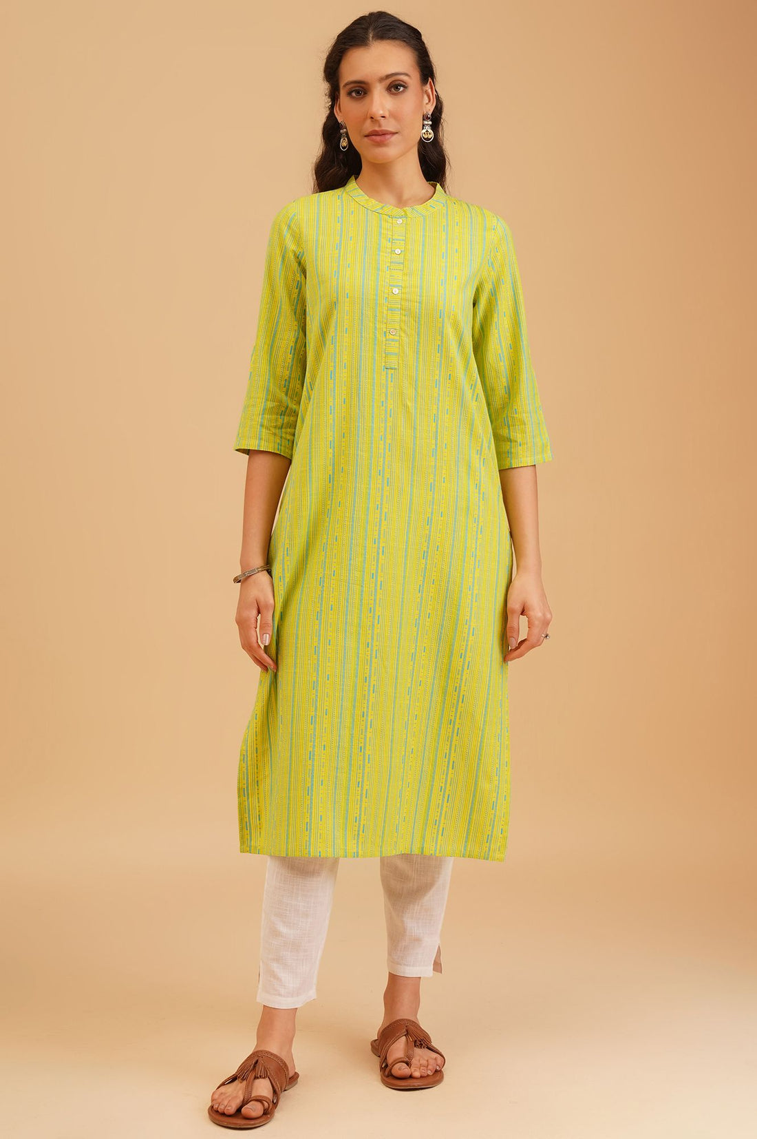 Lime Green Striped Dobby Straight Kurta