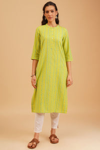 Lime Green Striped Dobby Straight Kurta