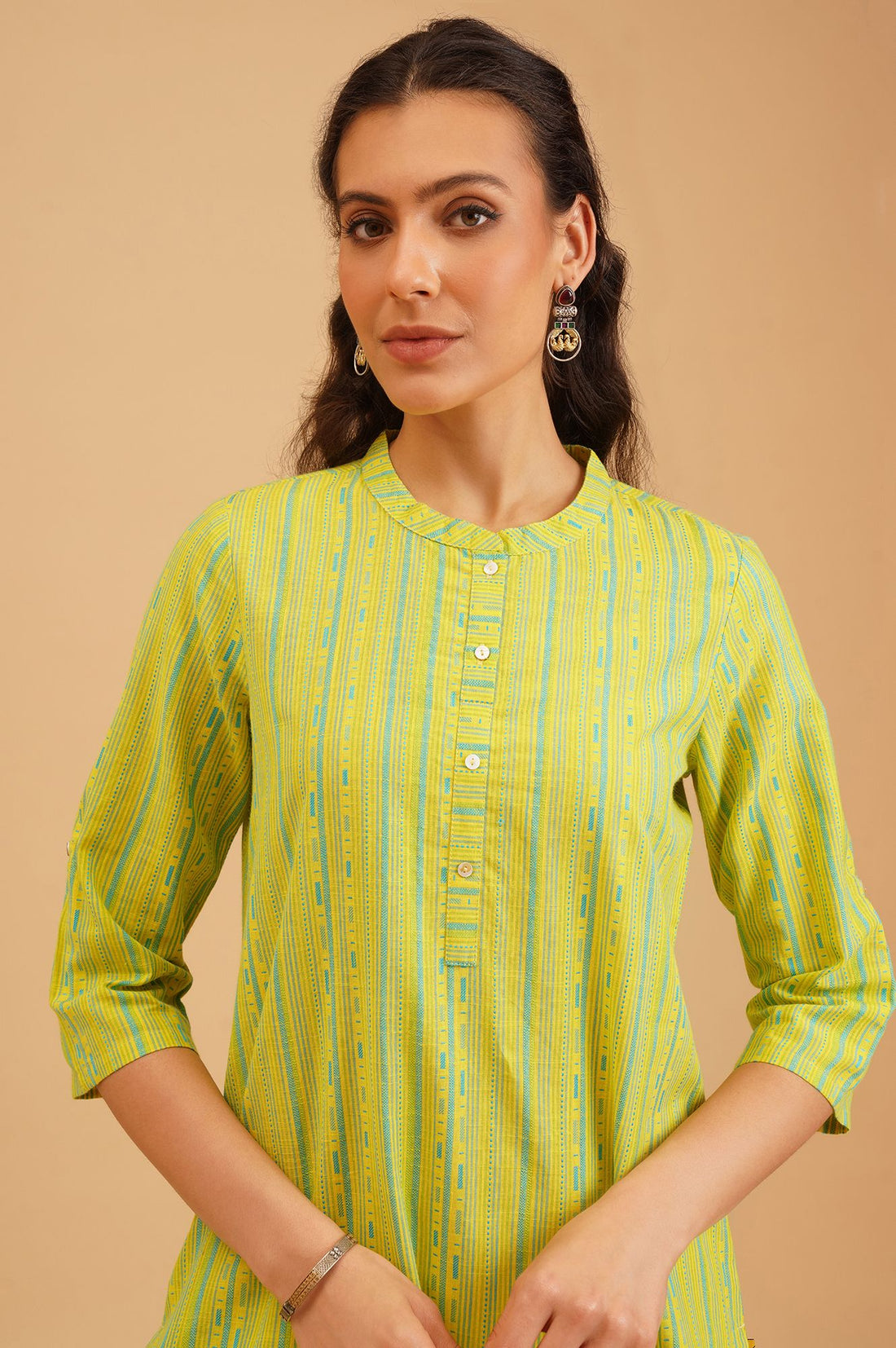 Lime Green Striped Dobby Straight Kurta