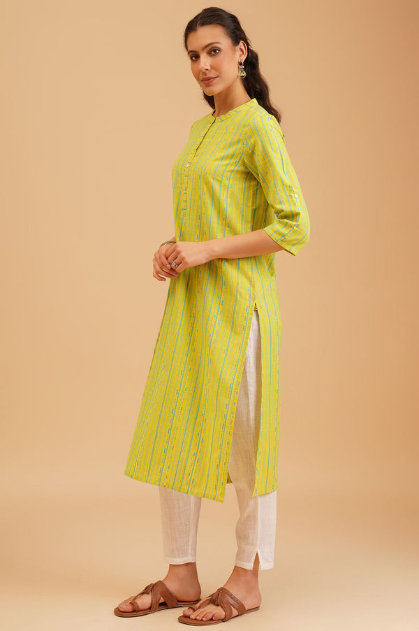Lime Green Striped Dobby Straight Kurta