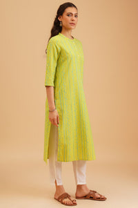 Lime Green Striped Dobby Straight Kurta
