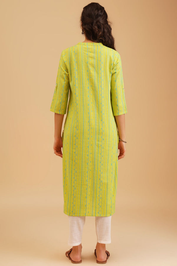 Lime Green Striped Dobby Straight Kurta