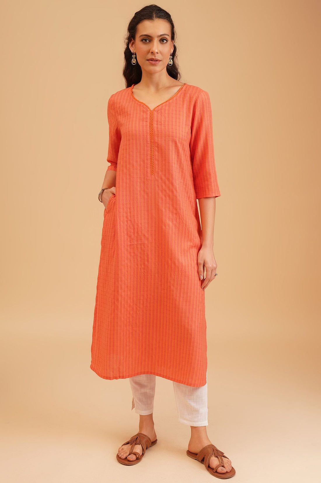 Orange Textured Rayon Straight Kurta with Lace