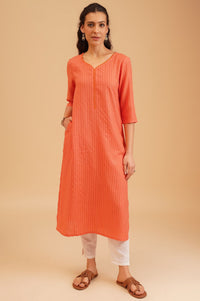 Orange Textured Rayon Straight Kurta with Lace