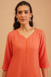 Orange Textured Rayon Straight Kurta with Lace